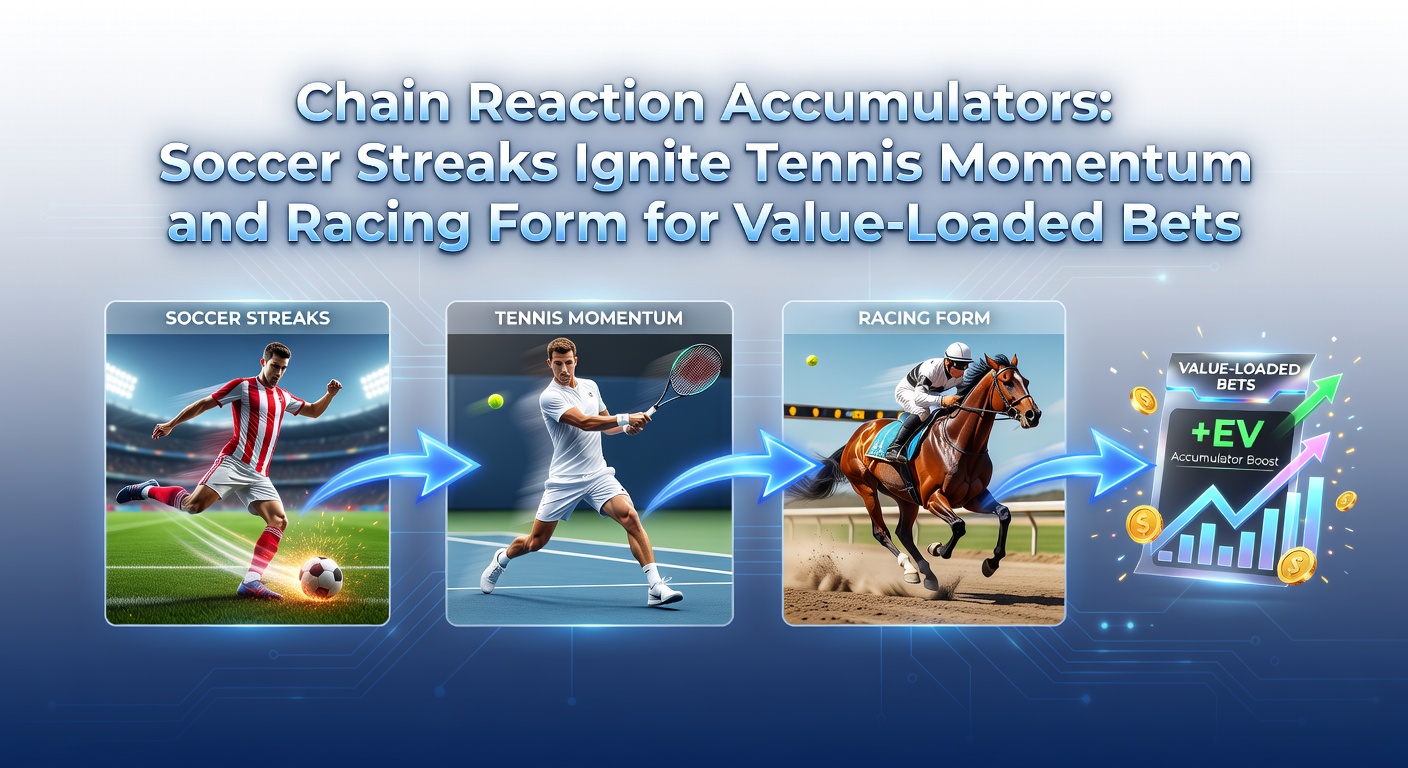 A dynamic graphic showing interconnected soccer, tennis, and horse racing icons forming a chain reaction leading to a glowing accumulator bet payout