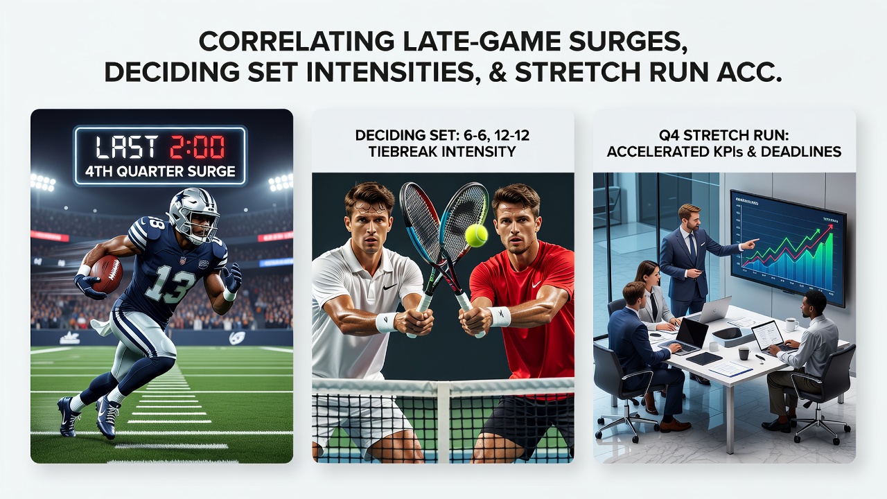 Data visualization showing overlaps between football late surges, tennis set intensities, and horse racing stretch accelerations