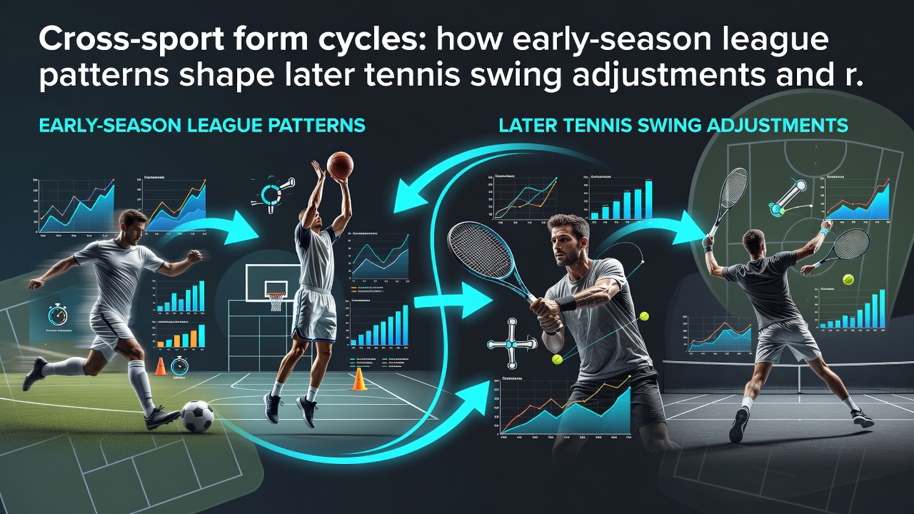 Tennis players refining swing technique alongside racing distance charts and league performance graphs