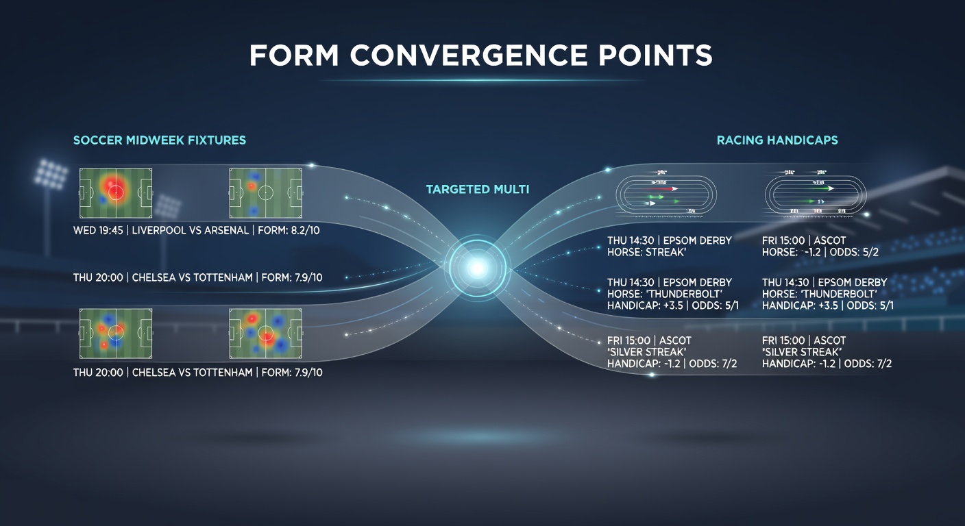 Infographic illustrating sample multi-bet combinations linking soccer goal metrics with racing handicap weight adjustments