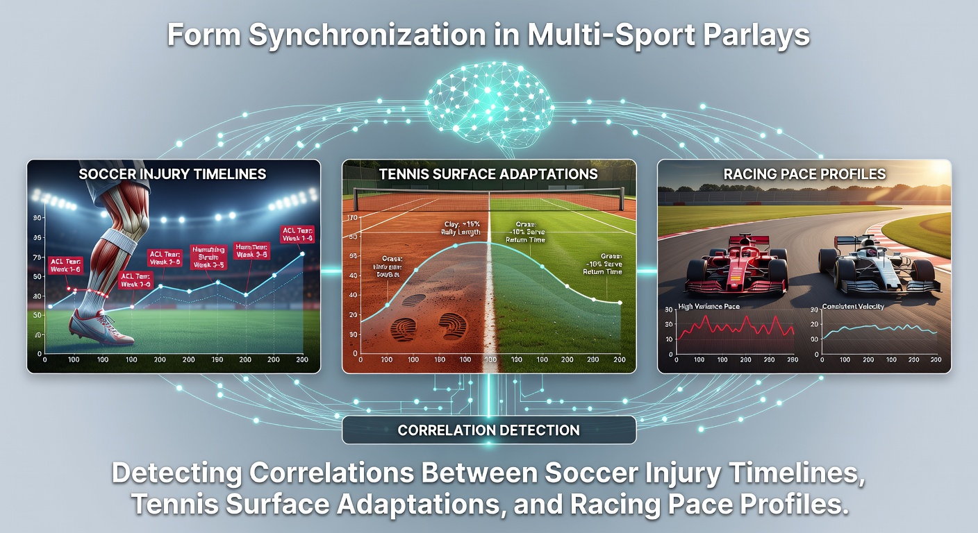 Visual representation of interconnected sports data showing soccer player recovery timelines alongside tennis court surfaces and racing pace charts