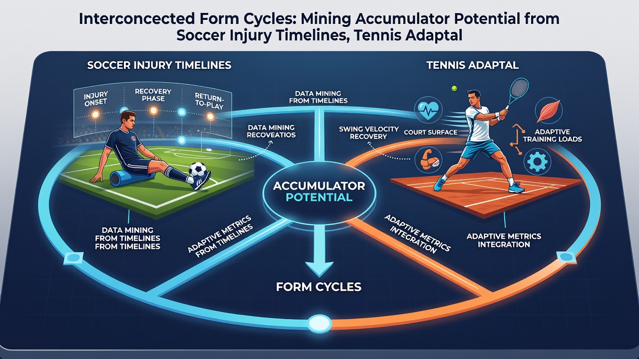 Data charts showing tennis adaptation metrics alongside soccer recovery timelines and racing distance performance graphs