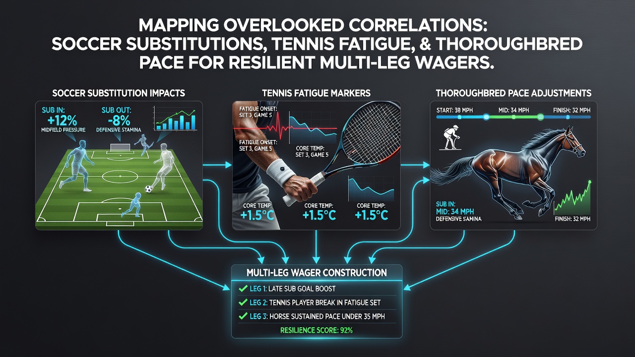Infographic showing data flows between soccer substitutions, tennis fatigue metrics, and thoroughbred pace data used in accumulator wager construction