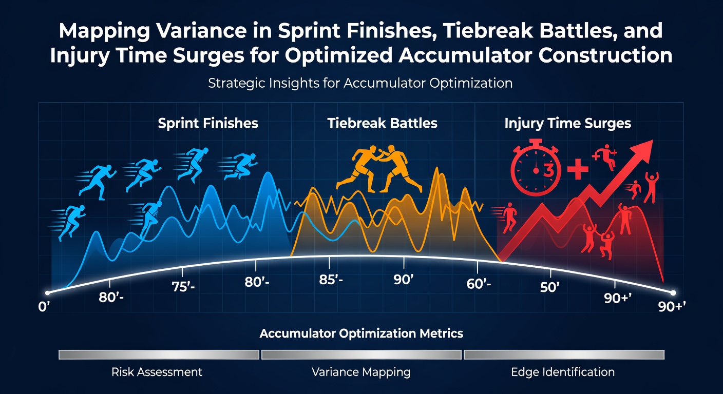 Sports analysts reviewing variance data across soccer injury time, tennis tiebreaks, and racing sprint finishes for accumulator strategies