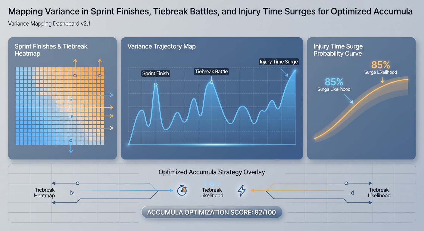Data visualization showing variance spikes in injury time goals, tennis tiebreaks, and racing sprint finishes