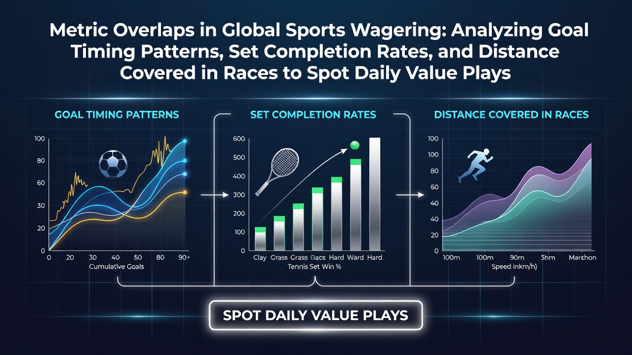 Visualization of overlapping sports metrics including goal timings, set completions, and racing distances used in betting analysis