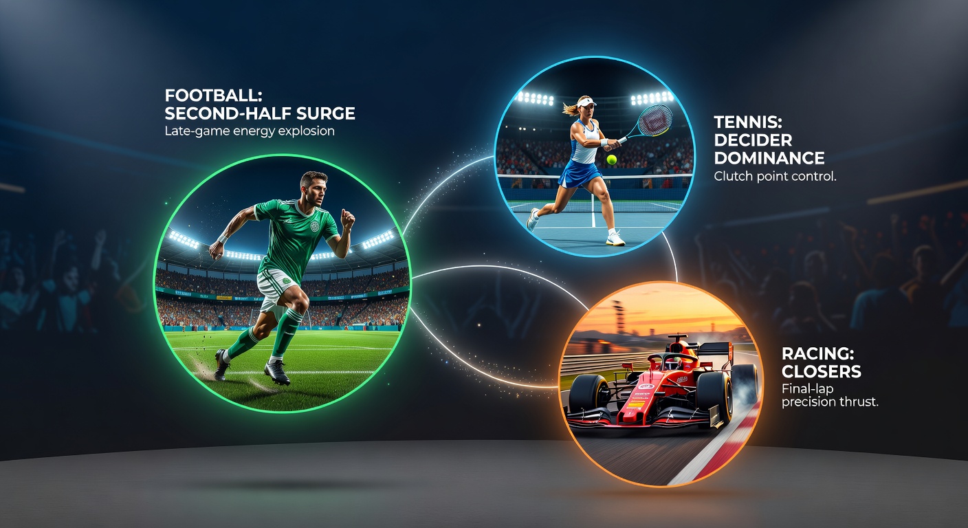 Dynamic collage showing a soccer player scoring in stoppage time, a tennis star clinching a third-set tiebreak, and a horse powering through the final furlong in a tight race