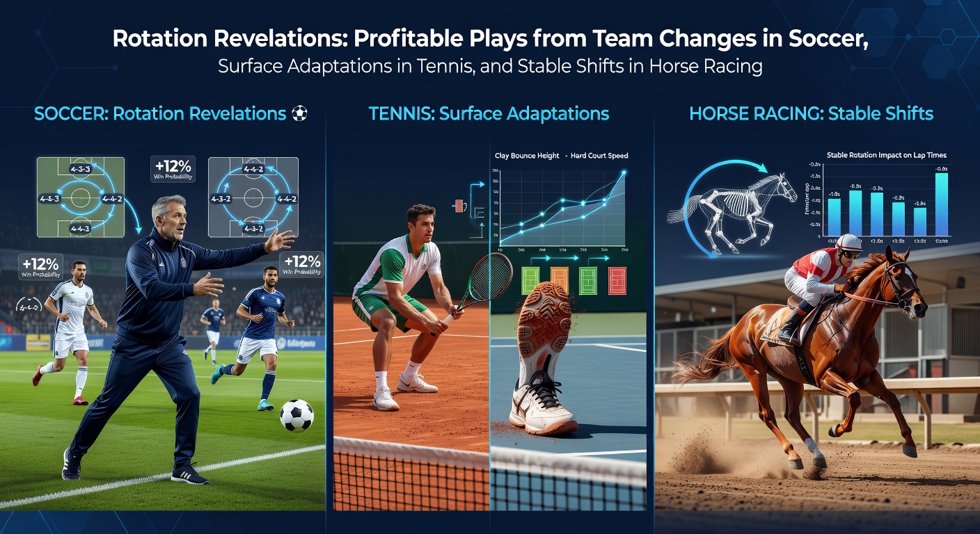 Soccer players rotating on the pitch during a match, highlighting team changes; tennis player adapting to clay court; horse racing stable with trainers discussing shifts