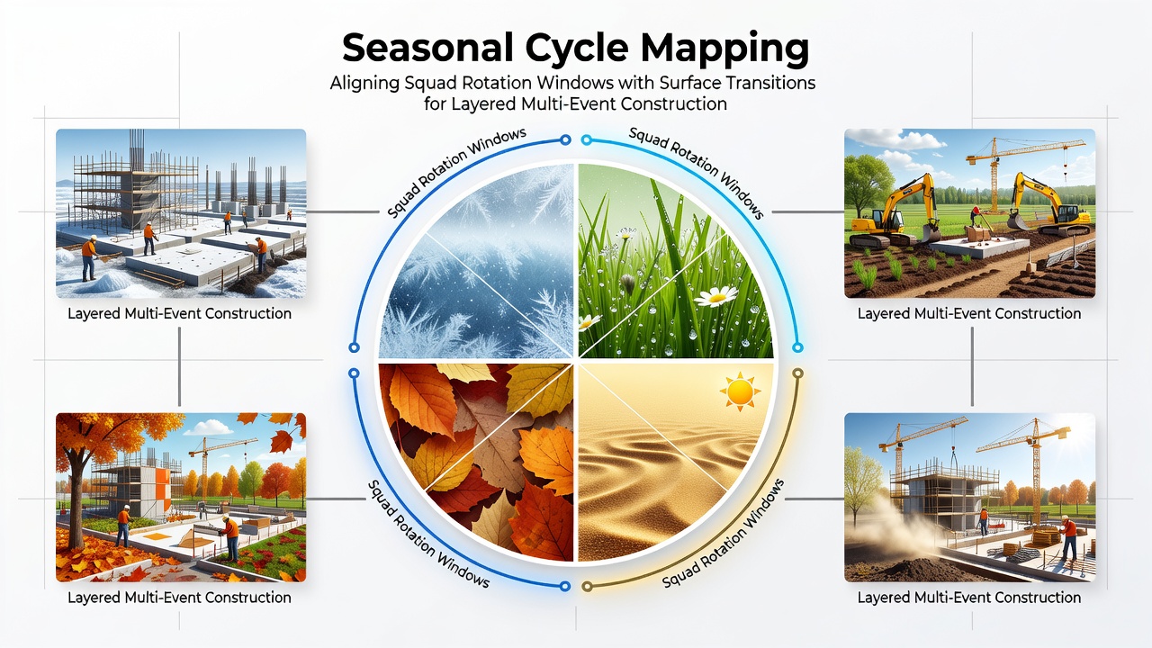 Diagram showing seasonal cycles overlaid with squad rotation timelines and surface transition points across multiple sports events