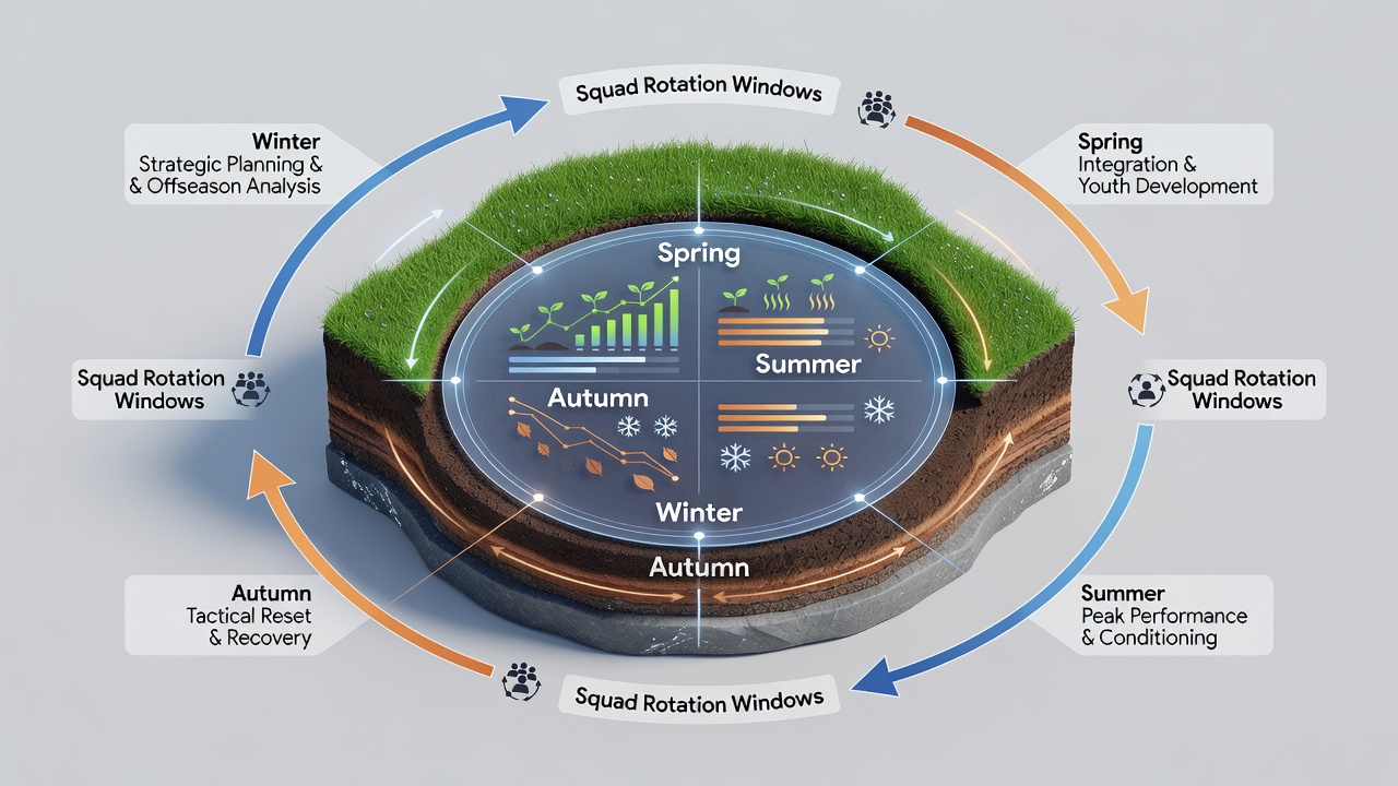 Infographic illustrating layered event timelines with rotation windows marked during surface changes in soccer, tennis, and horse racing