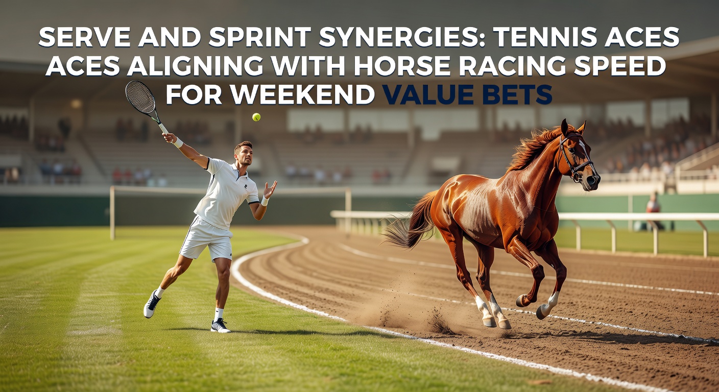 Dynamic action shot of a tennis player delivering a powerful ace serve alongside a horse sprinting at full speed on the racetrack, capturing the synergy between court power and turf velocity