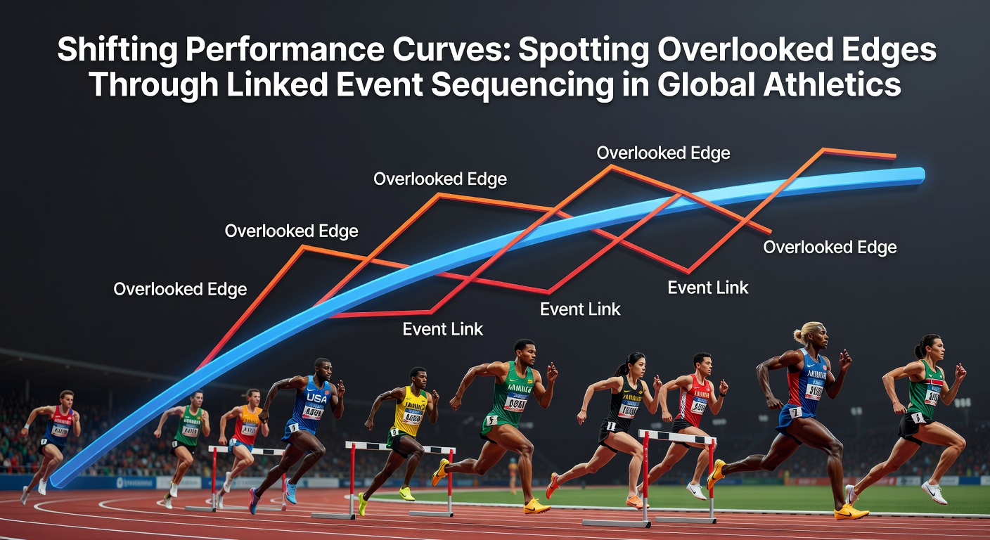 Athletes competing in a sequenced track and field event with performance data overlays
