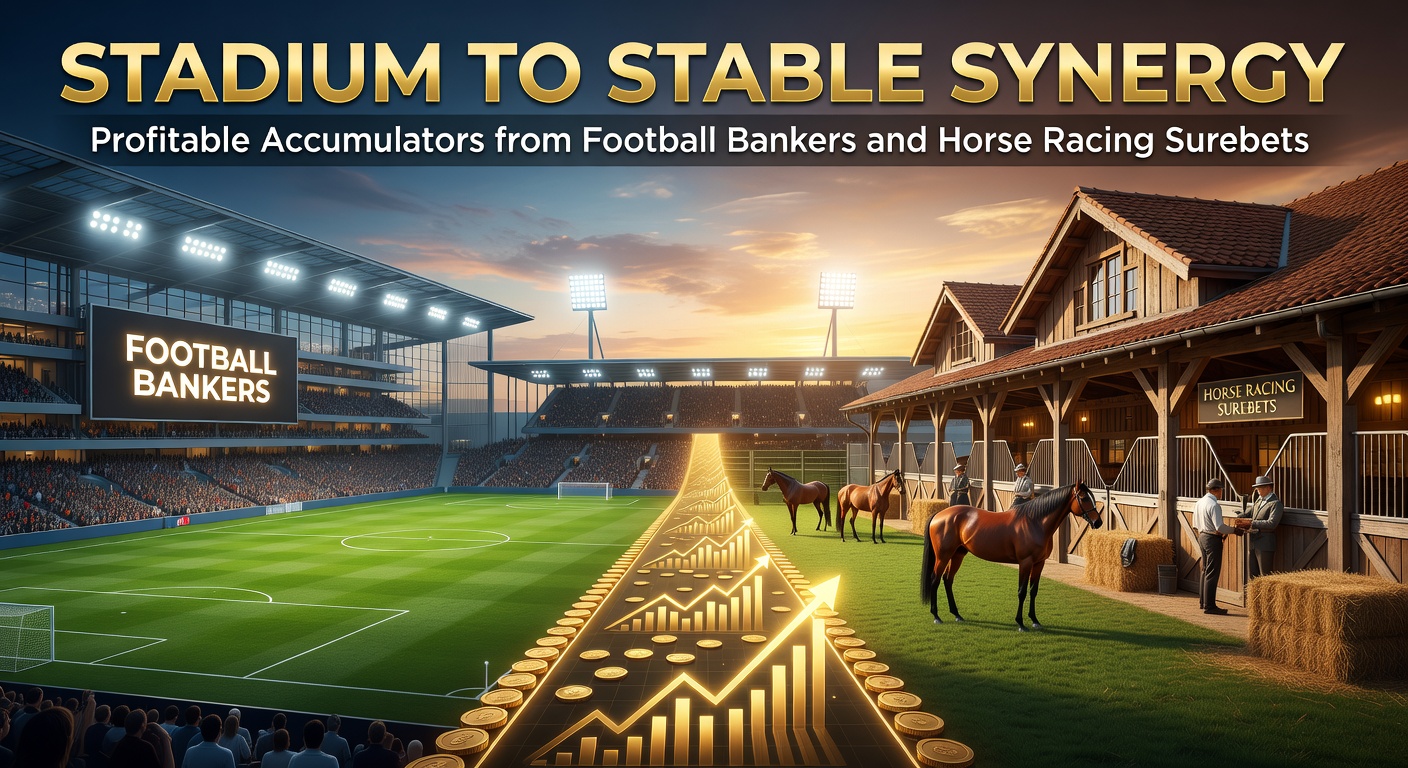 Vibrant football stadium packed with fans transitions to a sunlit horse racing paddock, symbolizing the blend of soccer certainty and racing arbitrage for accumulator strategies