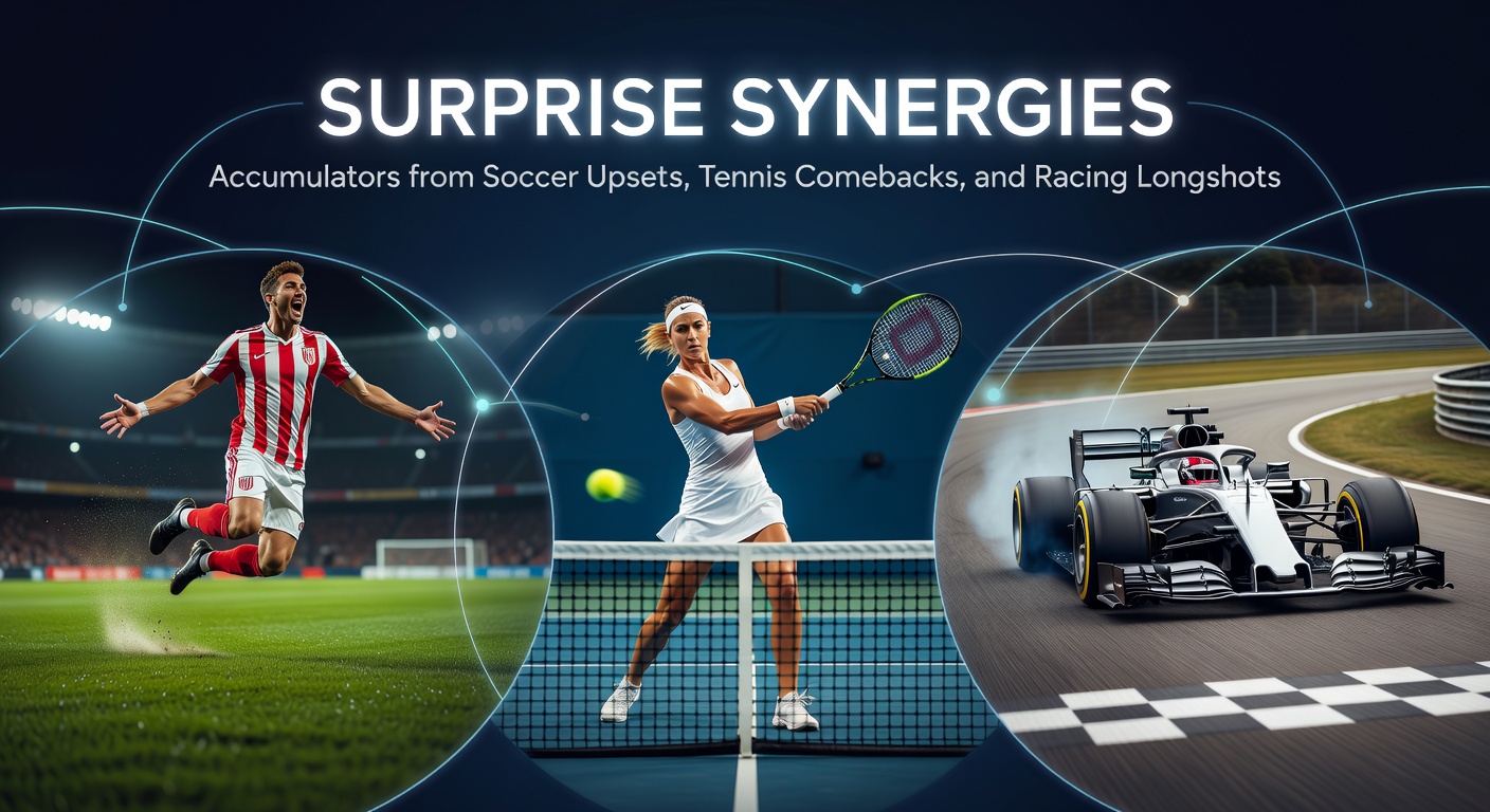 Dynamic collage capturing a soccer underdog goal celebration, a tennis player rallying from behind, and a racing longshot crossing the finish line first