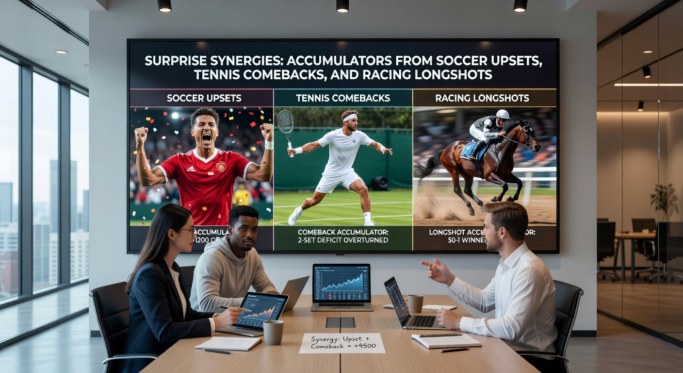 Close-up action shots of a tennis comeback point, soccer upset equalizer, and a horse surging ahead as a racing longshot
