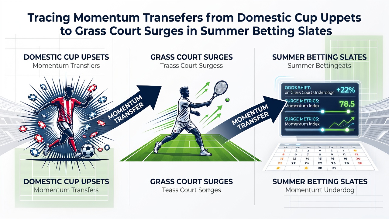 Visual representation of soccer cup match action transitioning into tennis grass court play during summer months