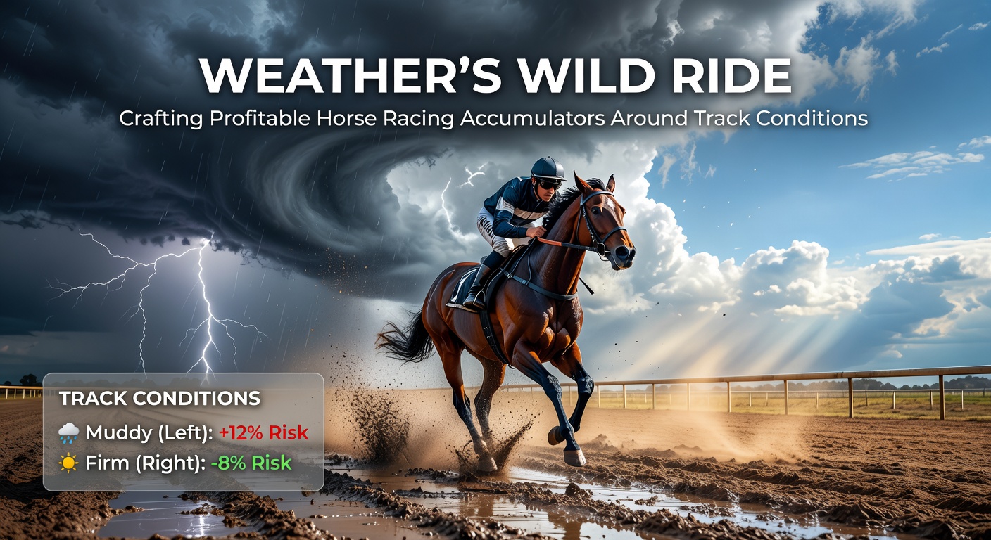 A misty racecourse under heavy rain, with horses navigating a sodden track, highlighting how weather transforms betting landscapes